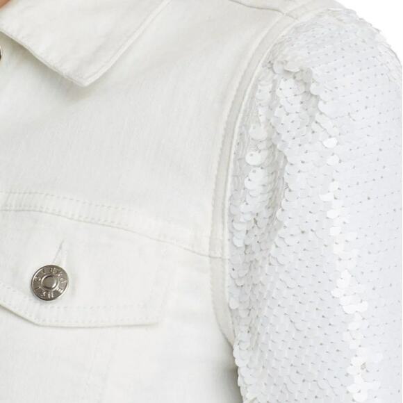 GENERATION LOVE Rosie sequined sleeve white raw hem denim jeans jacket Sz XS NEW - Picture 6 of 9